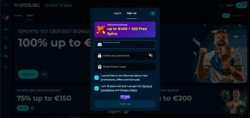 Maak een casino-account aan CrystalRoll Casino